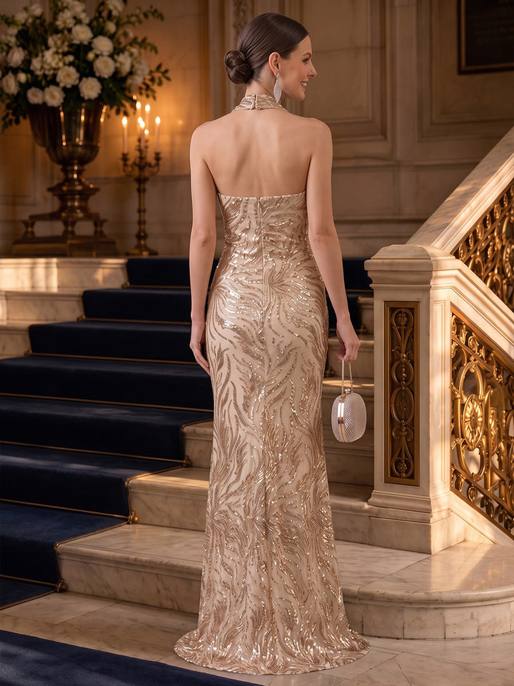 Trumpet/Mermaid Halter Sequins Evening Dresses Floor-Length Sleeveless Ruched Formal Dresses