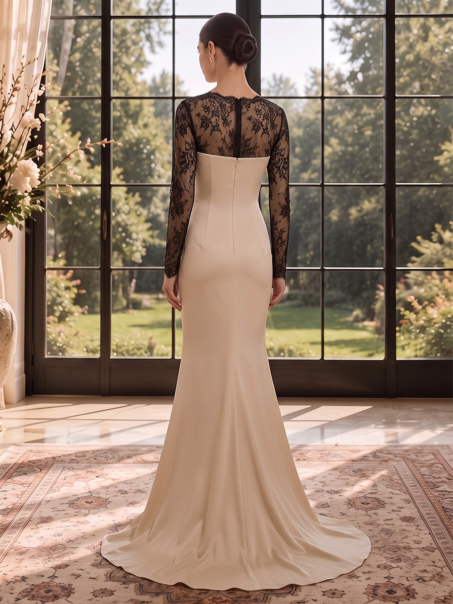 Trumpet/Mermaid Square Collar Satin Evening Dresses Floor-Length Lace Floral Long Sleeves Formal Dresses