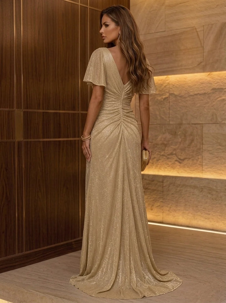 A-Line/Princess V-Neck Evening Dresses with Split Side Shimmer Jersey 3D Flowers Floor-Length Short Sleeves Formal Dresses
