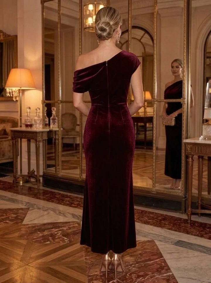 Sheath/Column One-Shoulder Velvet Cocktail Dresses Short Sleeves Ankle-Length Party Dresses