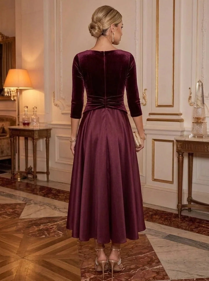 A-Line/Princess V-Neck Velvet Cocktail Dresses Satin 3/4 Sleeves Ankle-Length Ruched Party Dresses