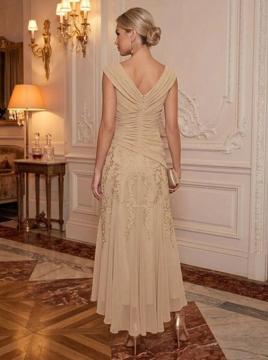 A-Line/Princess V-Neck Chiffon Cocktail Dresses Sleeveless Asymmetrical Ankle-Length Ruched Lace Floal Party Dresses