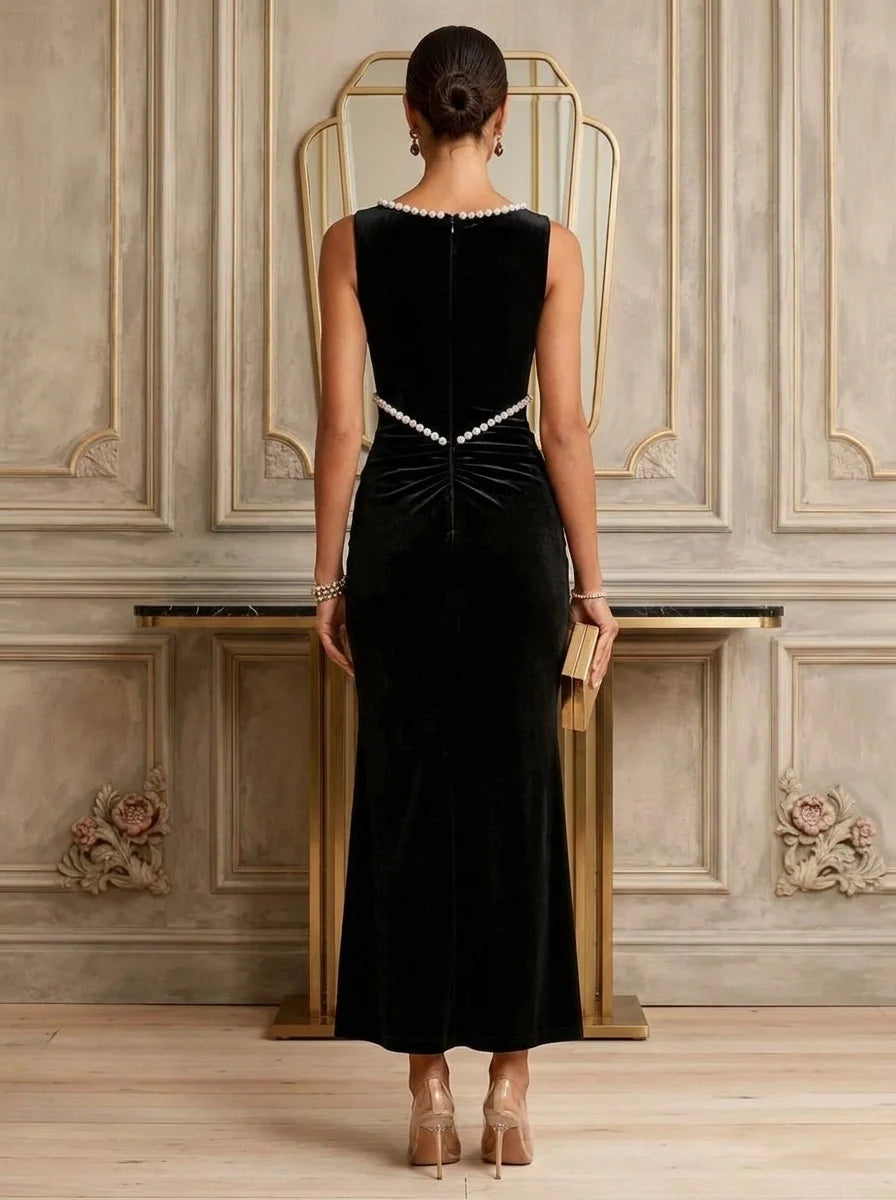 Sheath/Column Jewl Neck Velvet Cocktail Dresses Pearl Beaded Sleeveless Ankle-Length Party Dresses