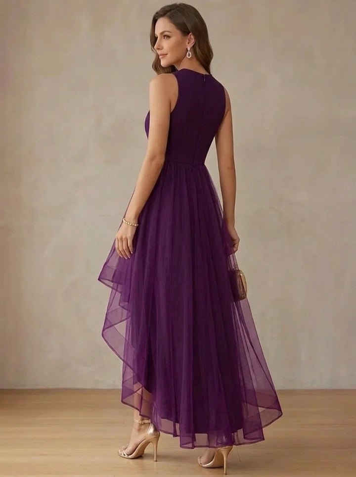 A-Line/Princess Jewel Neck Stretch Satin Cocktail Dresses Tulle Ruffles Sleeveless Asymmetrical Ankle-Length Party Dresses