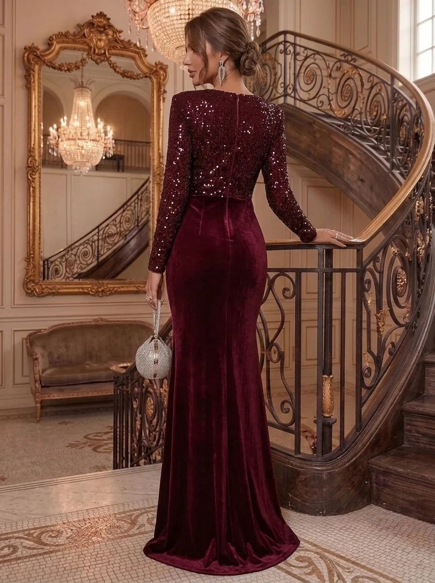 Sheath/Column V-Neck Velvet Evening Dresses with Split Side Floor-Length Long Sleeves Sequins Formal Dresses