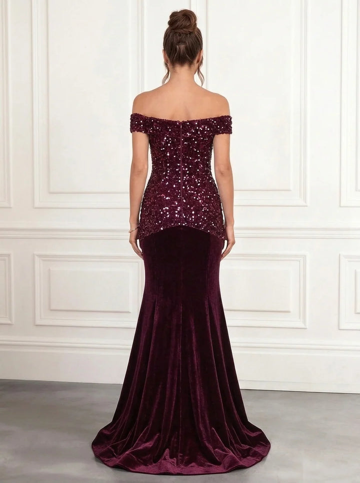 Trumpet/Mermaid Off-the-Shoulder Velvet Evening Dresses Sequins Floor-Length Sleeveless Formal Dresses