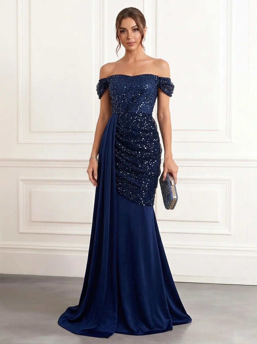 Trumpet/Mermaid Off-the-Shoulder Velvet Evening Dresses with Watteau Train Sequins Floor-Length Sleeveless Formal Dresses