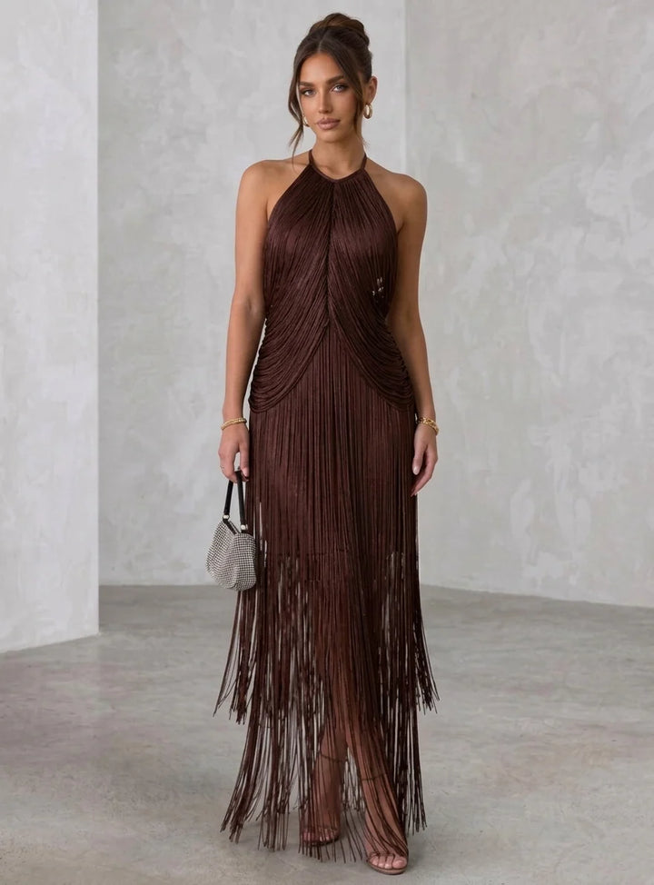 A-Line/Princess Halter Fringe Cocktail Dresses Tassels Sleeveless Floor-Length Party Dresses