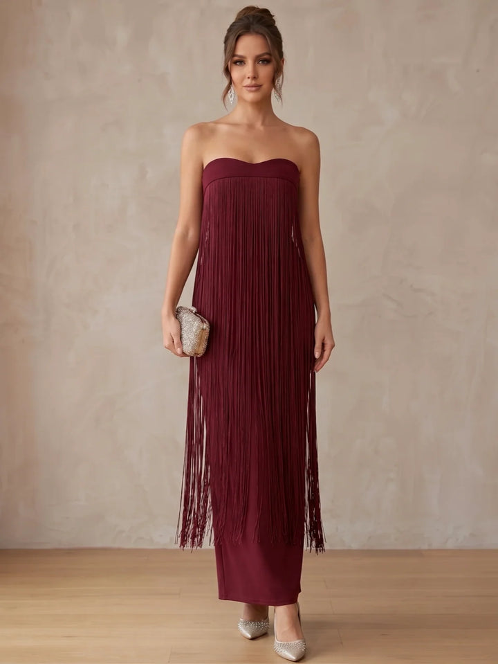 Sheath/Column Strapless Stretch Satin Cocktail Dresses Fringe Sleeveless Ankle-Length Tassels Party Dresses