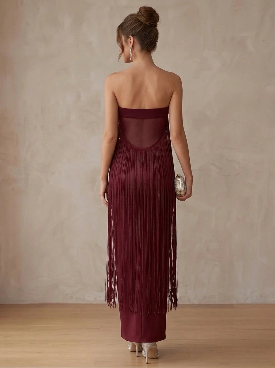 Sheath/Column Strapless Stretch Satin Cocktail Dresses Fringe Sleeveless Ankle-Length Tassels Party Dresses