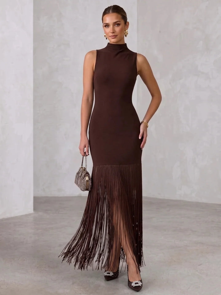 Sheath/Column Mock Neck Stretch Satin Cocktail Dresses Fringe Sleeveless Ankle-Length Tassels Party Dresses