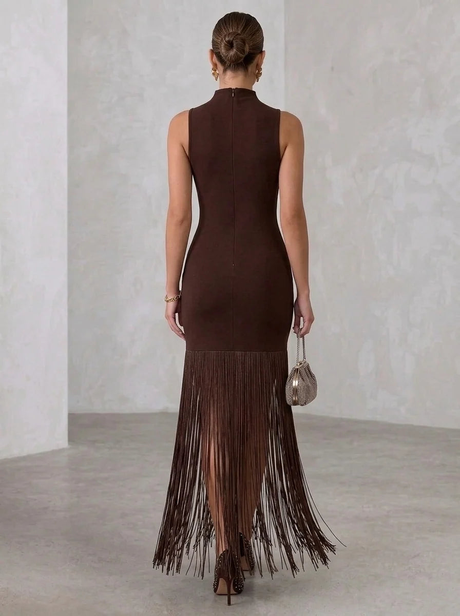 Sheath/Column Mock Neck Stretch Satin Cocktail Dresses Fringe Sleeveless Ankle-Length Tassels Party Dresses