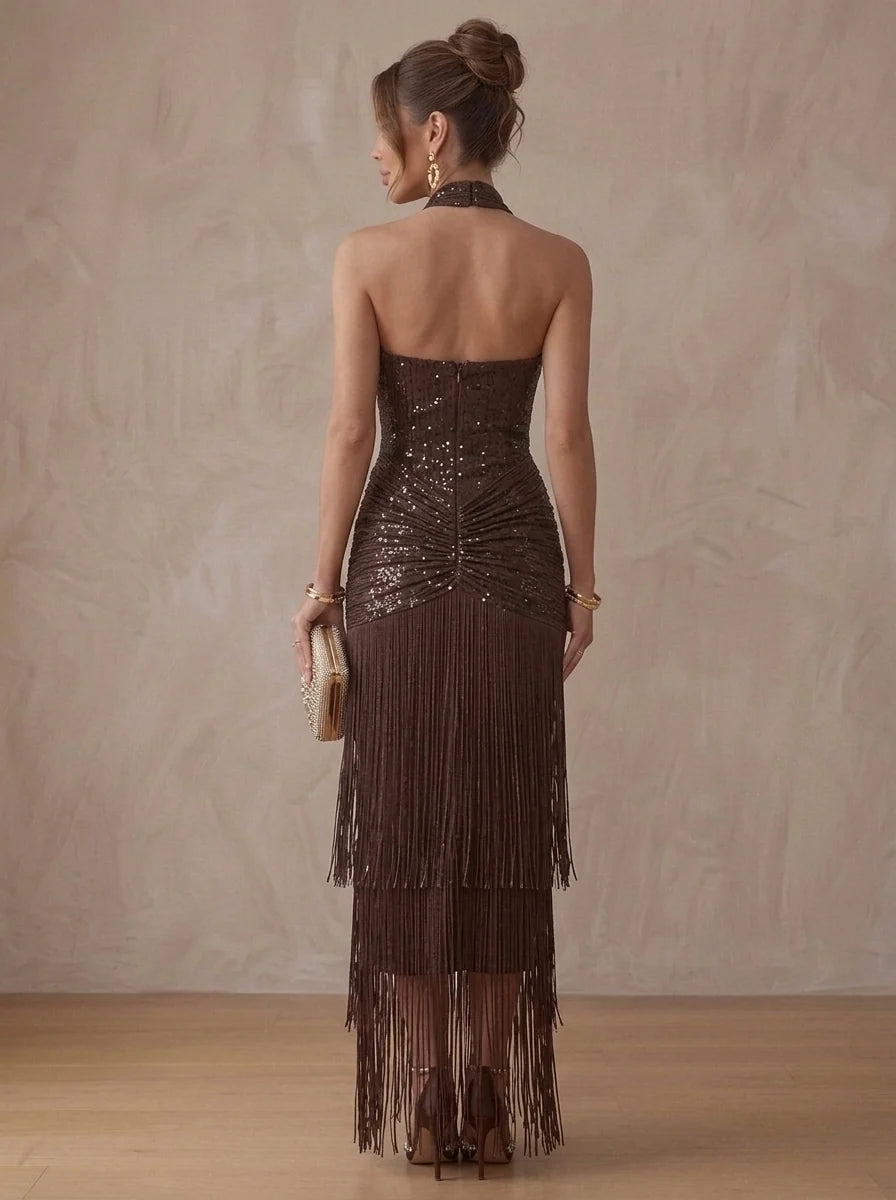 Sheath/Column Halter Sequins Cocktail Dresses Fringe Ankle-Length Sleeveless Tassels Ruched Party Dresses