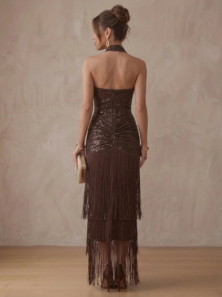 Sheath/Column Halter Sequins Cocktail Dresses Fringe Ankle-Length Sleeveless Tassels Ruched Party Dresses