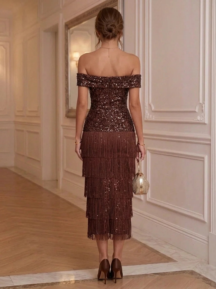 Sheath/Column Off-the-Shoulder Sequins Cocktail Dresses Fringe Tassels Sleeveless Tea-Length Party Dresses