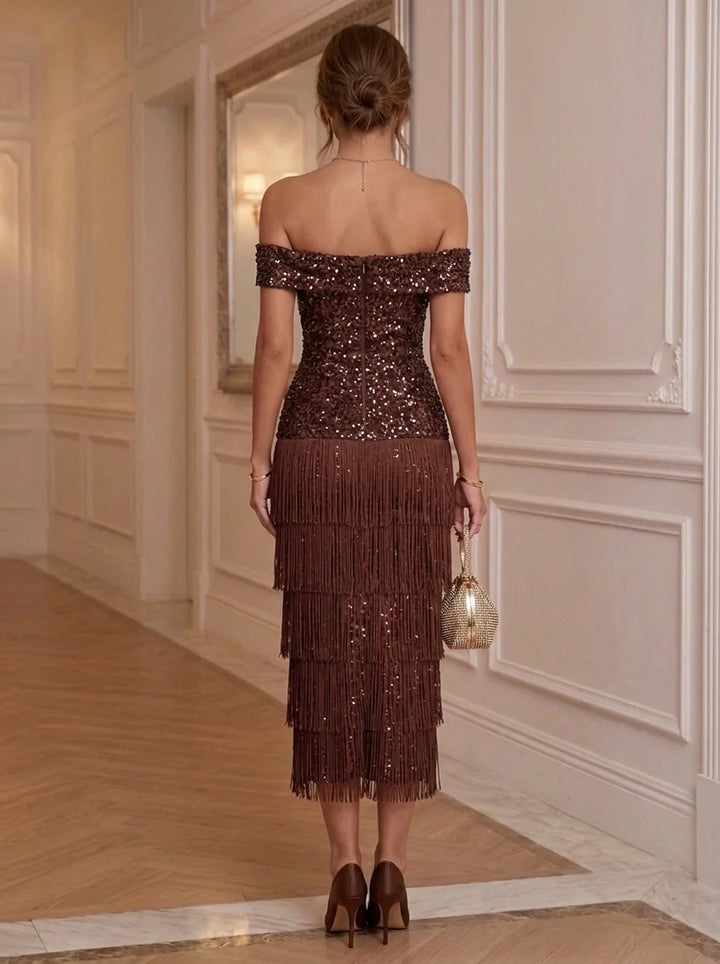Sheath/Column Off-the-Shoulder Sequins Cocktail Dresses Fringe Tassels Sleeveless Tea-Length Party Dresses