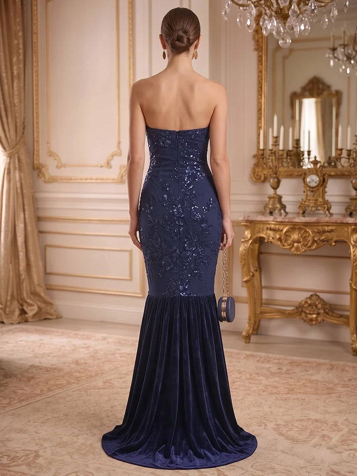 Trumpet/Mermaid Strapless Floral Sequins Evening Dresses Velvet Floor-Length Sleeveless Formal Dresses