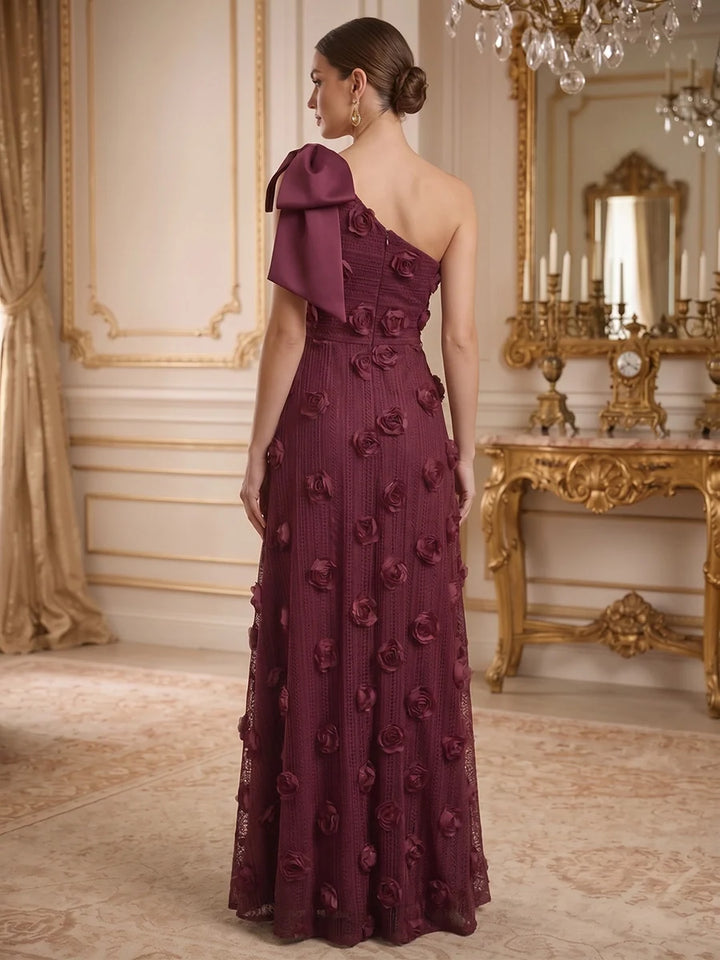 A-Line/Princess One-Shoulder Lace Evening Dresses with 3D Flowers Floor-Length Sleeveless Bowknot Formal Dresses
