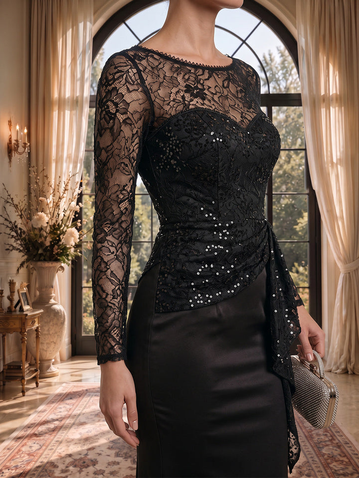 Trumpet/Mermaid Scoop Satin Evening Dresses Floor-Length Lace Floral Long Sleeves Ruffles Formal Dresses