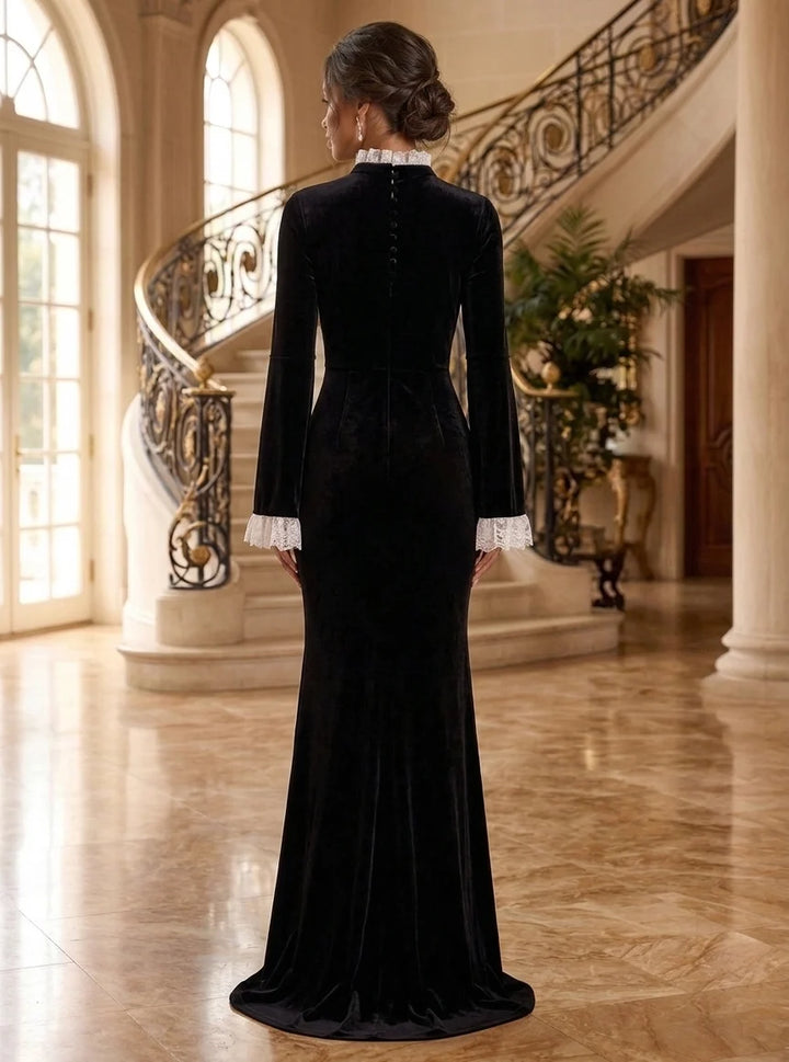 Sheath/Column Mock Neck Velvet Evening Dresses Lace Floor-Length Long Sleeves Formal Dresses