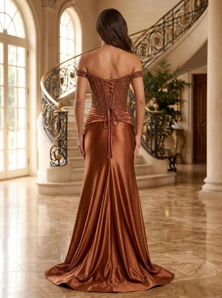 A-Line/Princess Off-the-Shoulder Satin Evening Dresses with Split Side Sequins Floor-Length Sleeveless Formal Dresses