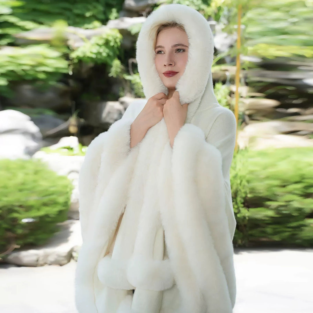 Women’s Winter Solid Color Faux Fur Knit Cape Shawl/Wrap