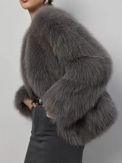 Women’s Fluffy Faux Fur Long Sleeves Winter Warm Cropped Jackets