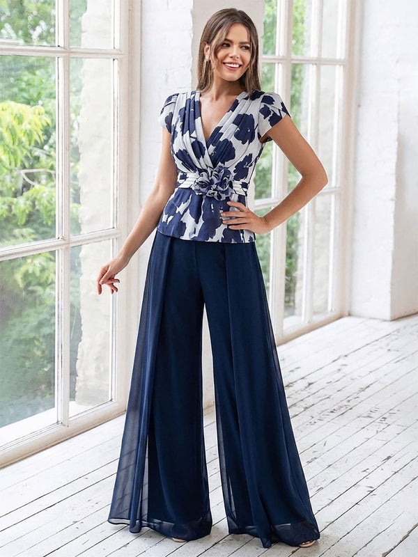 A-Line/Princess V-Neck Short Sleeves Floor-Length Mother of the Bride Floral Pants Suit