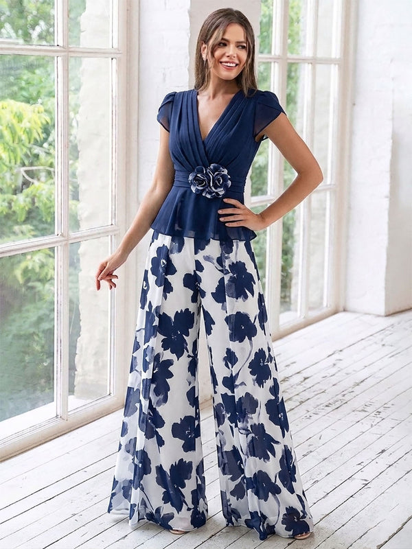A-Line/Princess V-Neck Short Sleeves Floor-Length Mother of the Bride Floral Jumpsuit