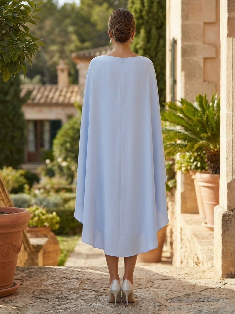 Sheath/Column Scoop Elastic Chiffon Mother of the Bride Dresses Tea-Length Cape Sleeves Beading