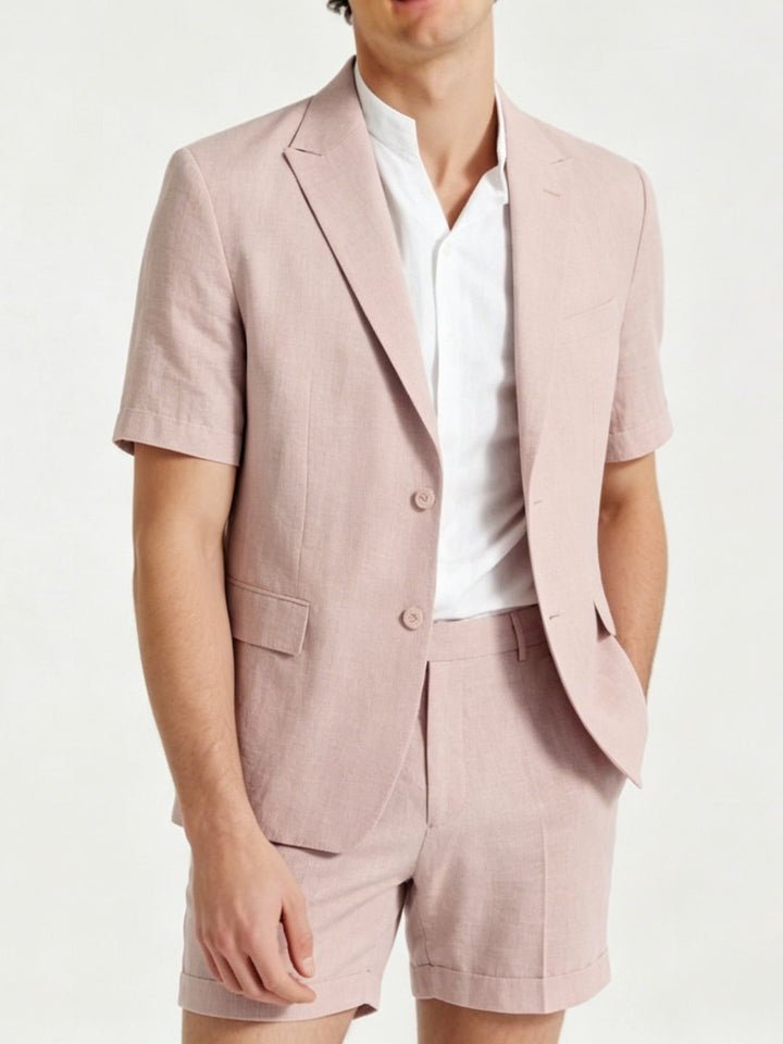 Men's Single Breasted Two-Buttons 2 Pieces Solid coloured Linen Suits Short Sleeves