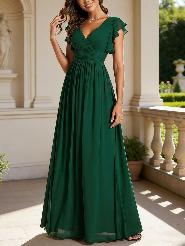 A-Line/Princess Chiffon V-Neck Bridesmaid Dresses with Ruffles Short Sleeves Floor-Length