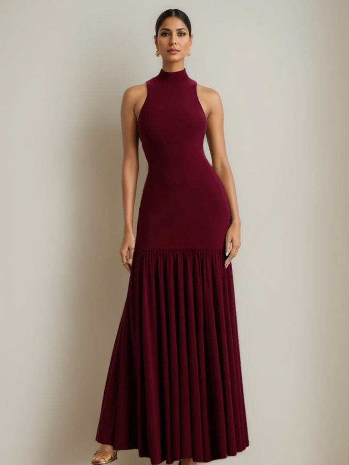 Sheath/Column Stretch  Satin High Neck Wedding Guest Dresses Sleeveless Floor-Length
