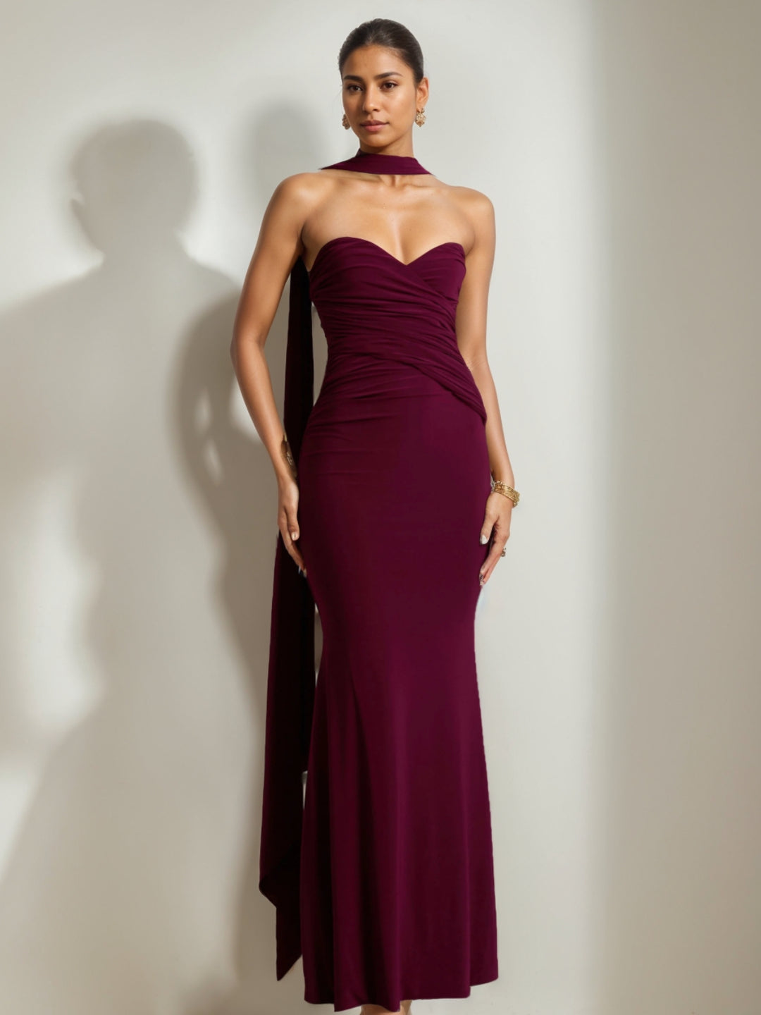 Trumpet/Mermaid Stretch Satin Sweetheart Wedding Guest Dresses with Scarf Floor-Length Sleeveless
