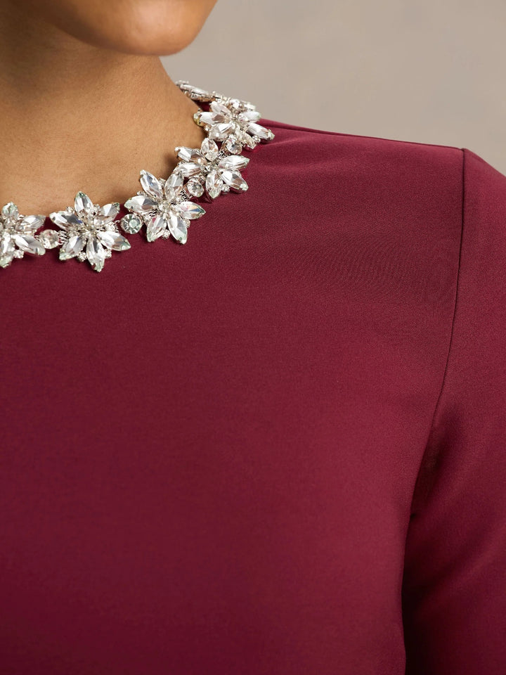 A-Line/Princess Crew Neck Long Sleeves Wedding Guest Dresses Tea-Length Rhinestones