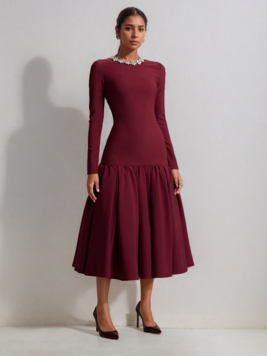 A-Line/Princess Crew Neck Long Sleeves Wedding Guest Dresses Tea-Length Rhinestones