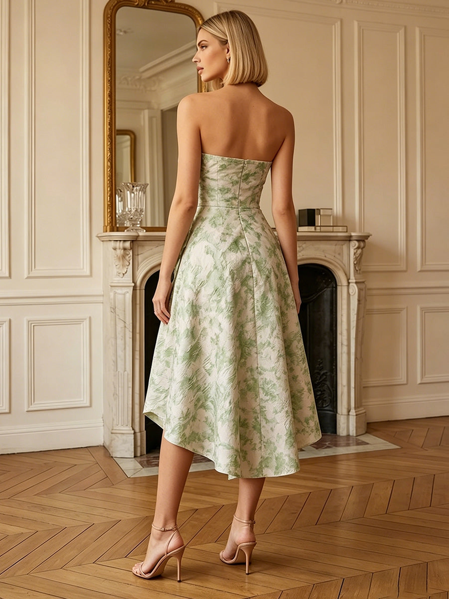 A-Line/Princess Strapless Jacquard Cocktail Dresses Floral Sleeveless High-Low Tea-Length Ruffles Party Dresses
