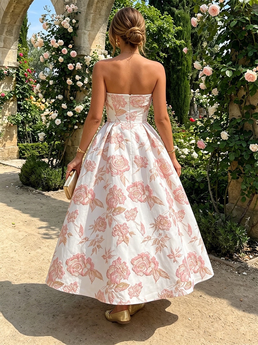 A-Line/Princess Strapless Jacquard Cocktail Dresses Ankle-Length Sleeveless Floral Party Dresses