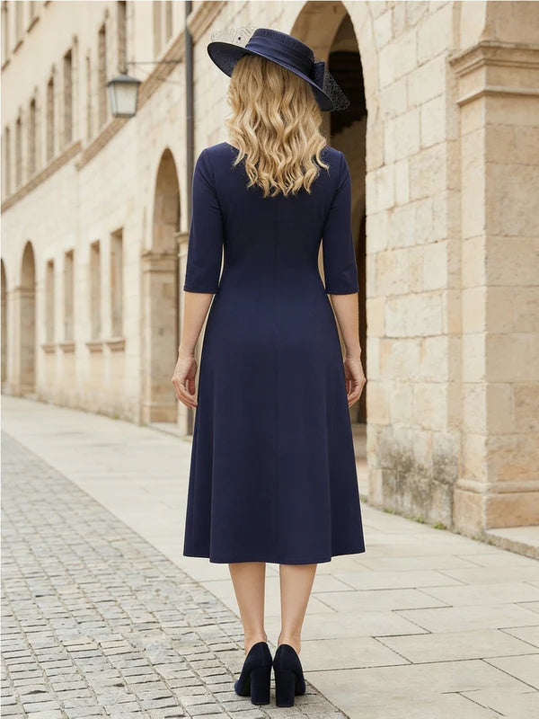 A-Line/Princess V-Neck Stretch Satin Cocktail Dresses Ruched Half Sleeves Tea-Length Formal Dresses