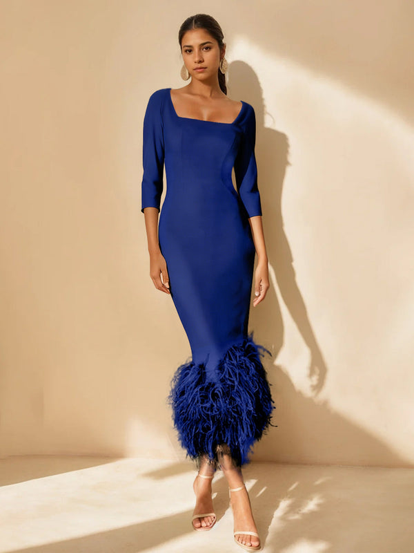 Sheath/Column Square 3/4 Sleeves Tea-Length Unique Mother of the Bride Dresses with Feathers