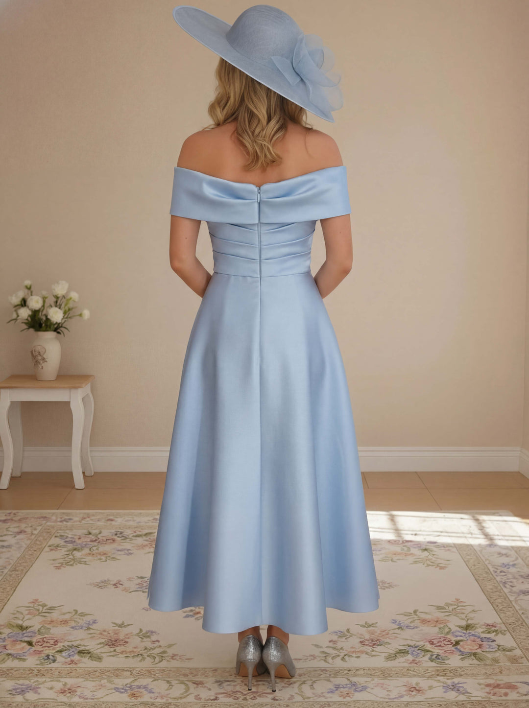 A-Line/Princess Off-the-Shoulder Tea-Length Mother of the Bride Dresses with Bowknot & Pocket