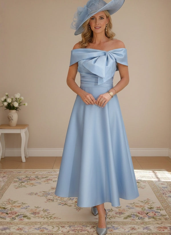 A-Line/Princess Off-the-Shoulder Tea-Length Mother of the Bride Dresses with Bowknot & Pocket