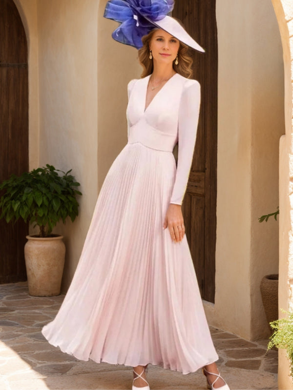 A-Line/Princess V-Neck Chiffon Mother of the Bride Ankle-Length Ruched long Sleeves