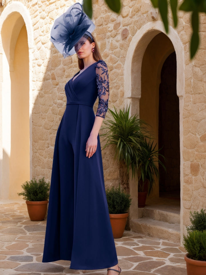 A-Line/Princess V-Neck Floor-Length Mother of the Bride Dresses jumpsuit 3/4 Sleeves