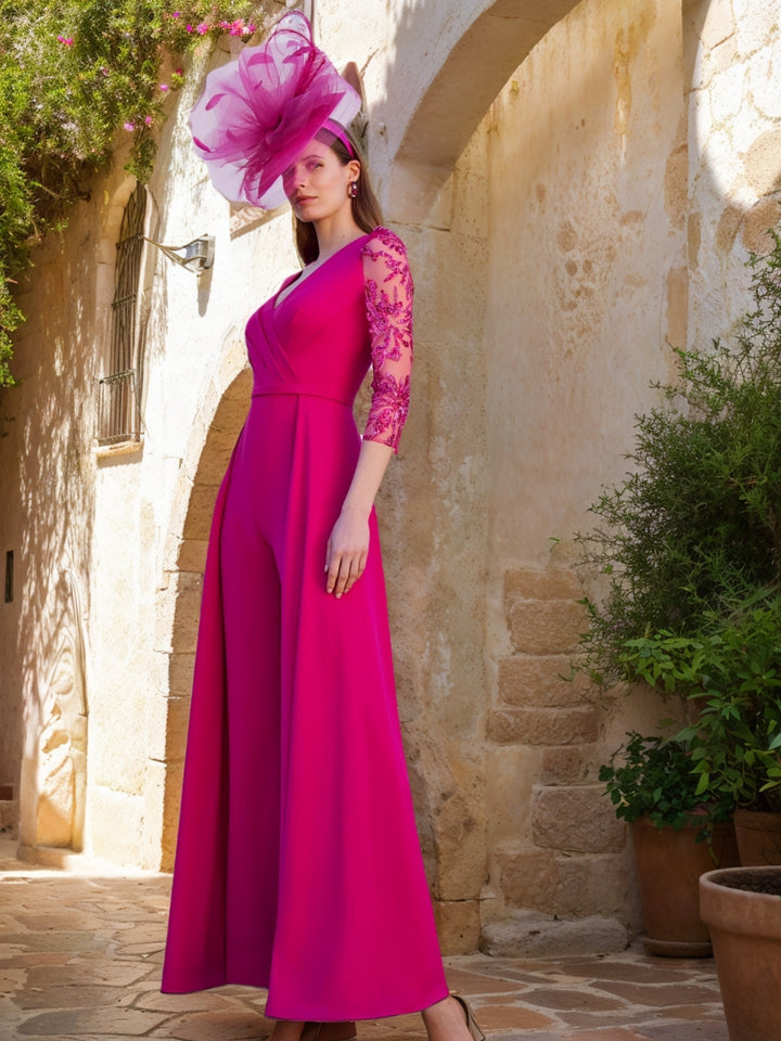 A-Line/Princess V-Neck Floor-Length Mother of the Bride Dresses jumpsuit 3/4 Sleeves