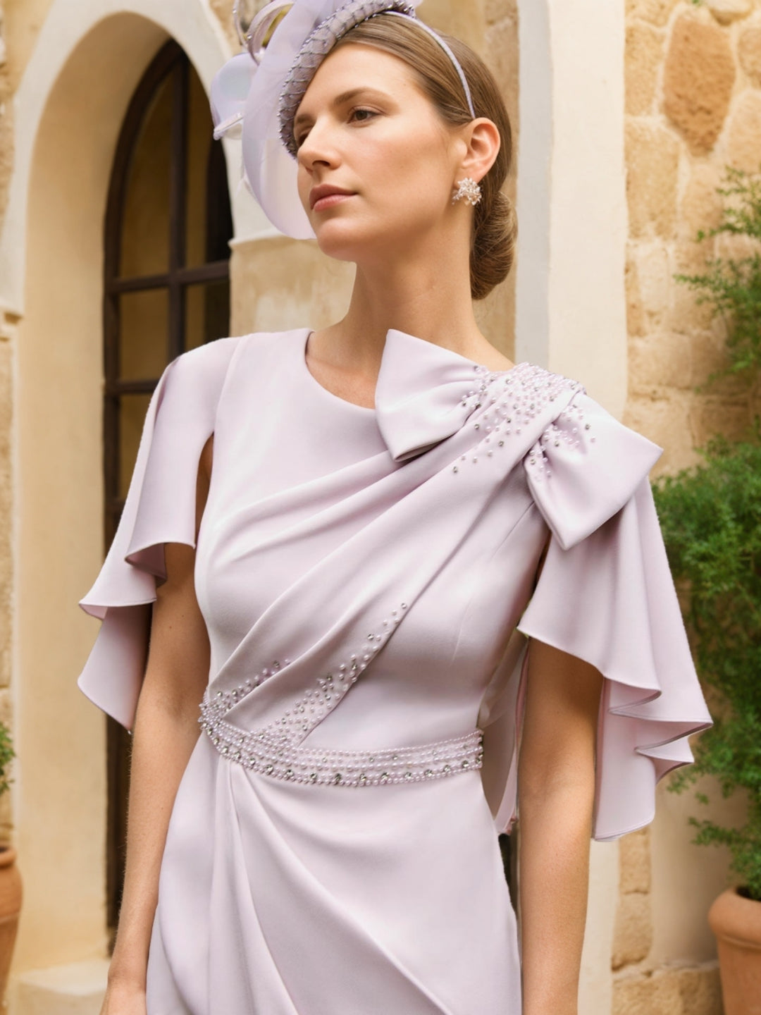 Sheath/Column Round Neck Tea-Length Mother of the Bride Dresses with Cape Sleeves and a Bow