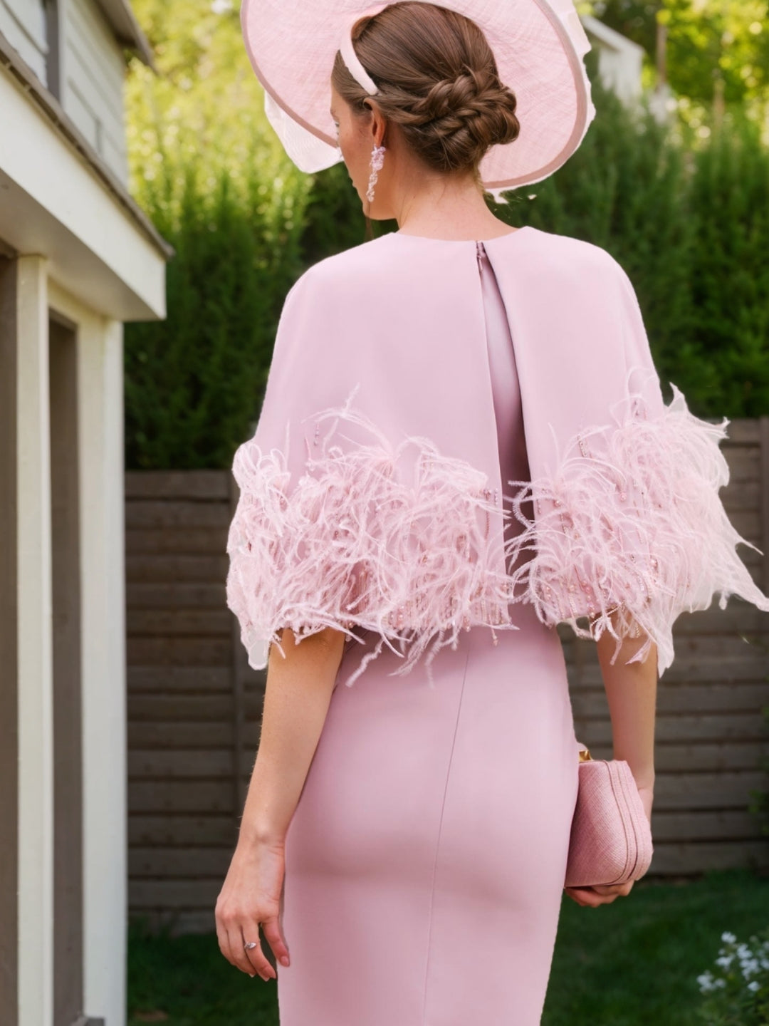 Sheath/Column Square Neck Tea-Length Cape Sleeves Mother of the Bride Dresses with Feathers