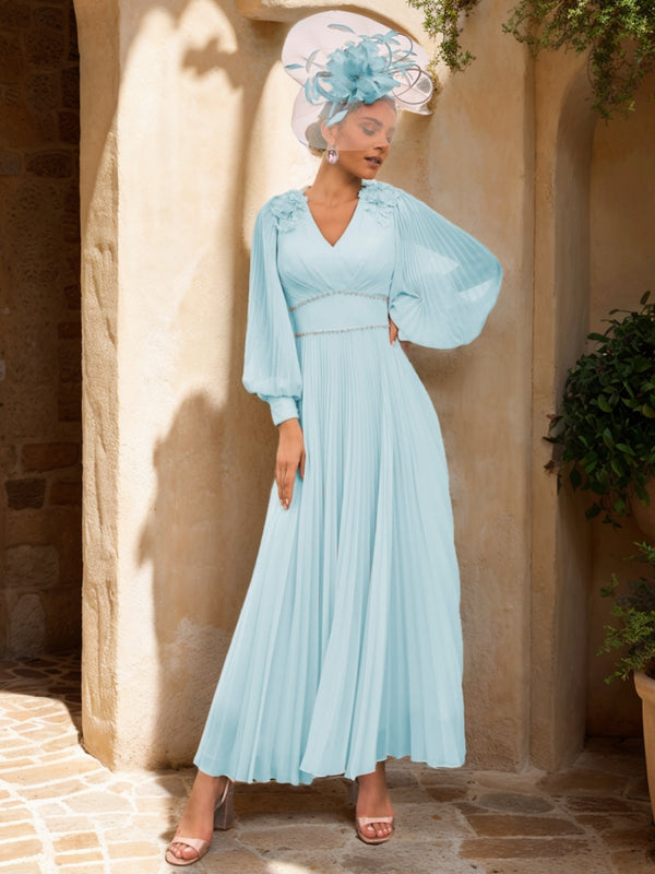 A-Line/Princess Chiffon V-Neck Ankle-Length Mother of the Bride Dresses Floral with Pleats