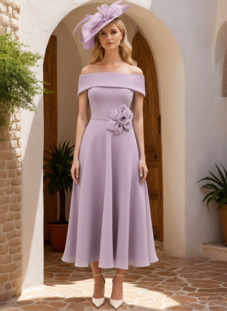 A-Line/Princess Off-the-Shoulder Ankle-Length Short Sleeves Mother of the Bride Dresses with 3D Flower