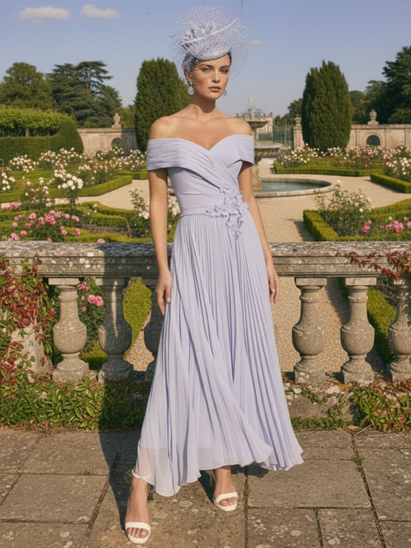 A-Line/Princess Off-the-Shoulder Pleated Ankle-Length Mother of the Bride Dresses With 3D Flowers